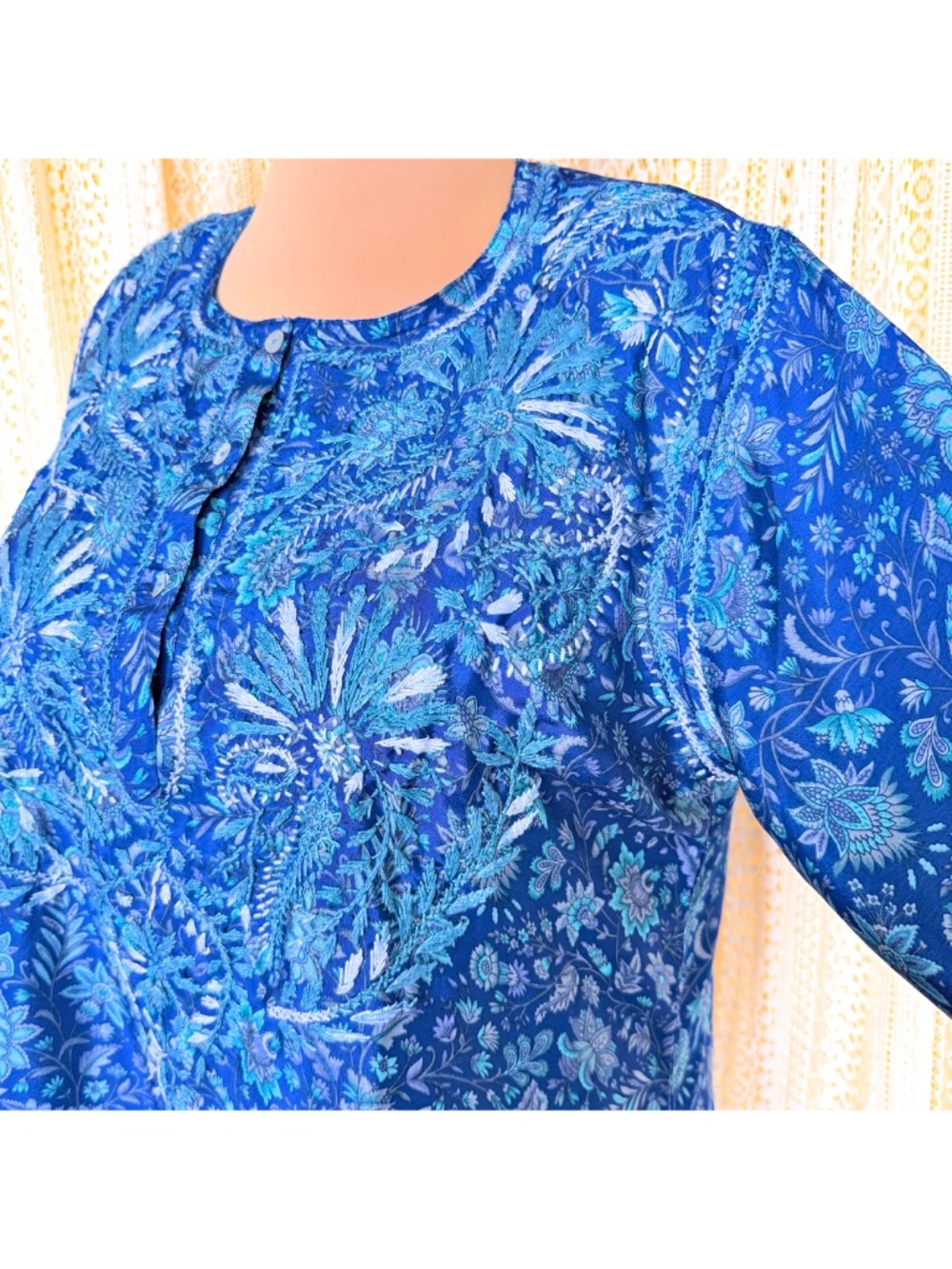 Dolma Blue 100% Silk Floral Embroidered Boho Coastal Resortwear Tunic XL - Picture 5 of 17